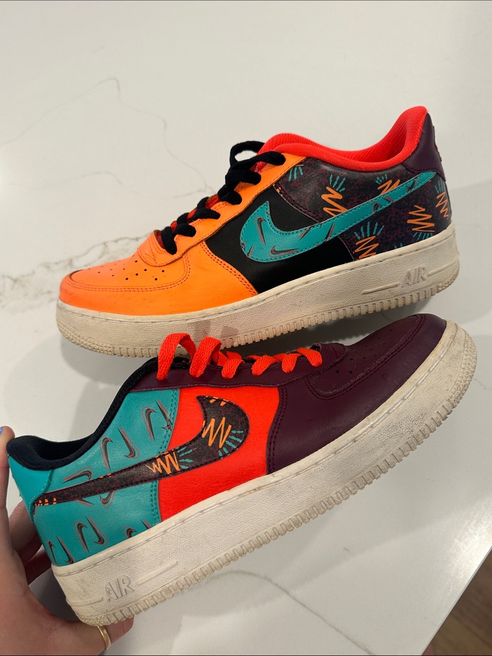 Nike Air Force 1ms Low-Top Sneakers — Orange, Teal & Burgundy Hawaiian Pattern